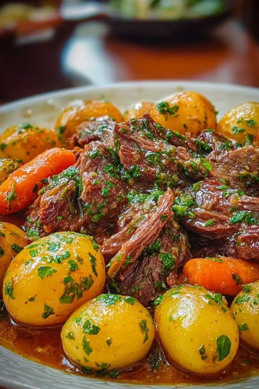 Slow cooker garlic butter beef served with tender potatoes