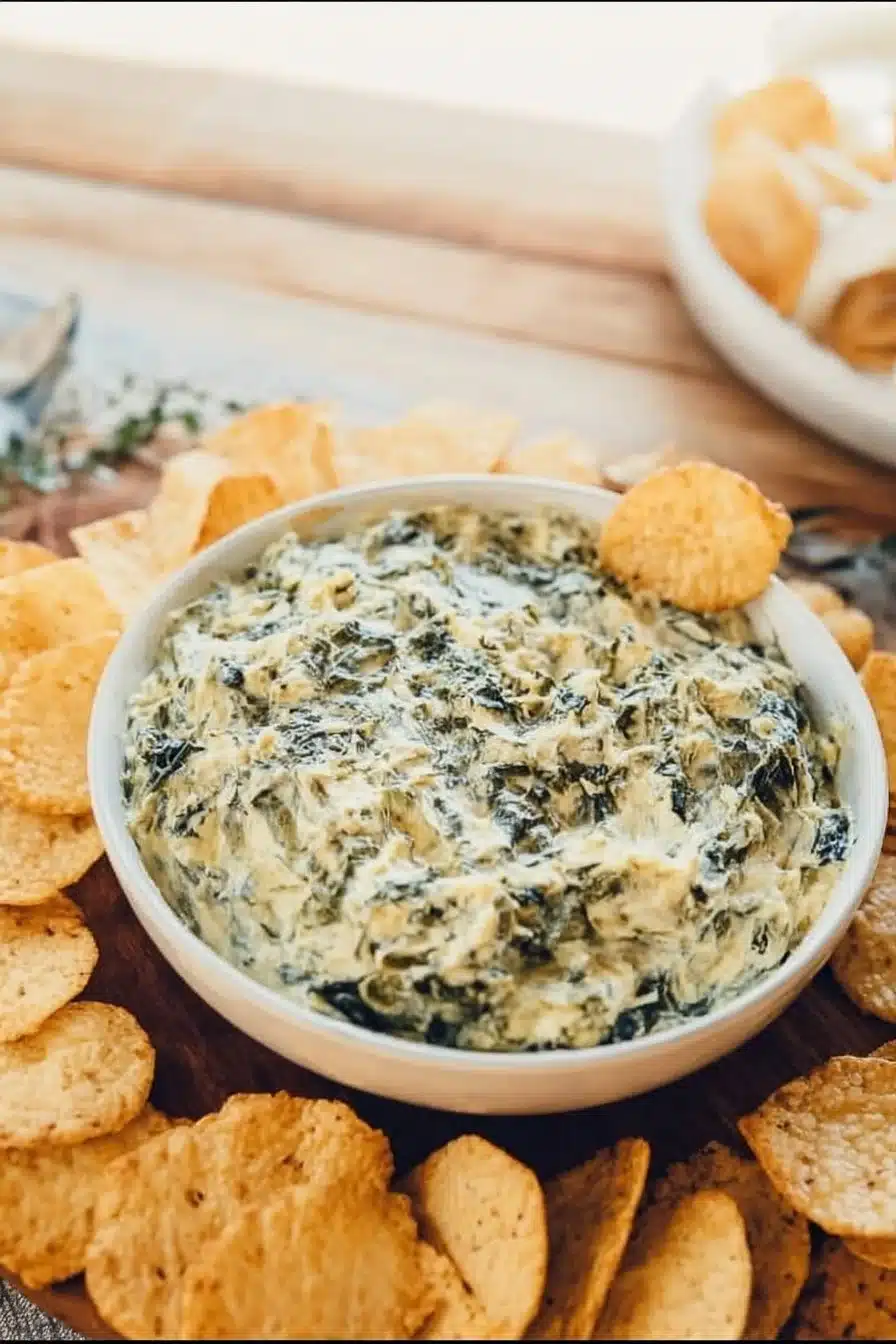 Delicious Slow Cooker Spinach Artichoke Dip served in a bowl with chips