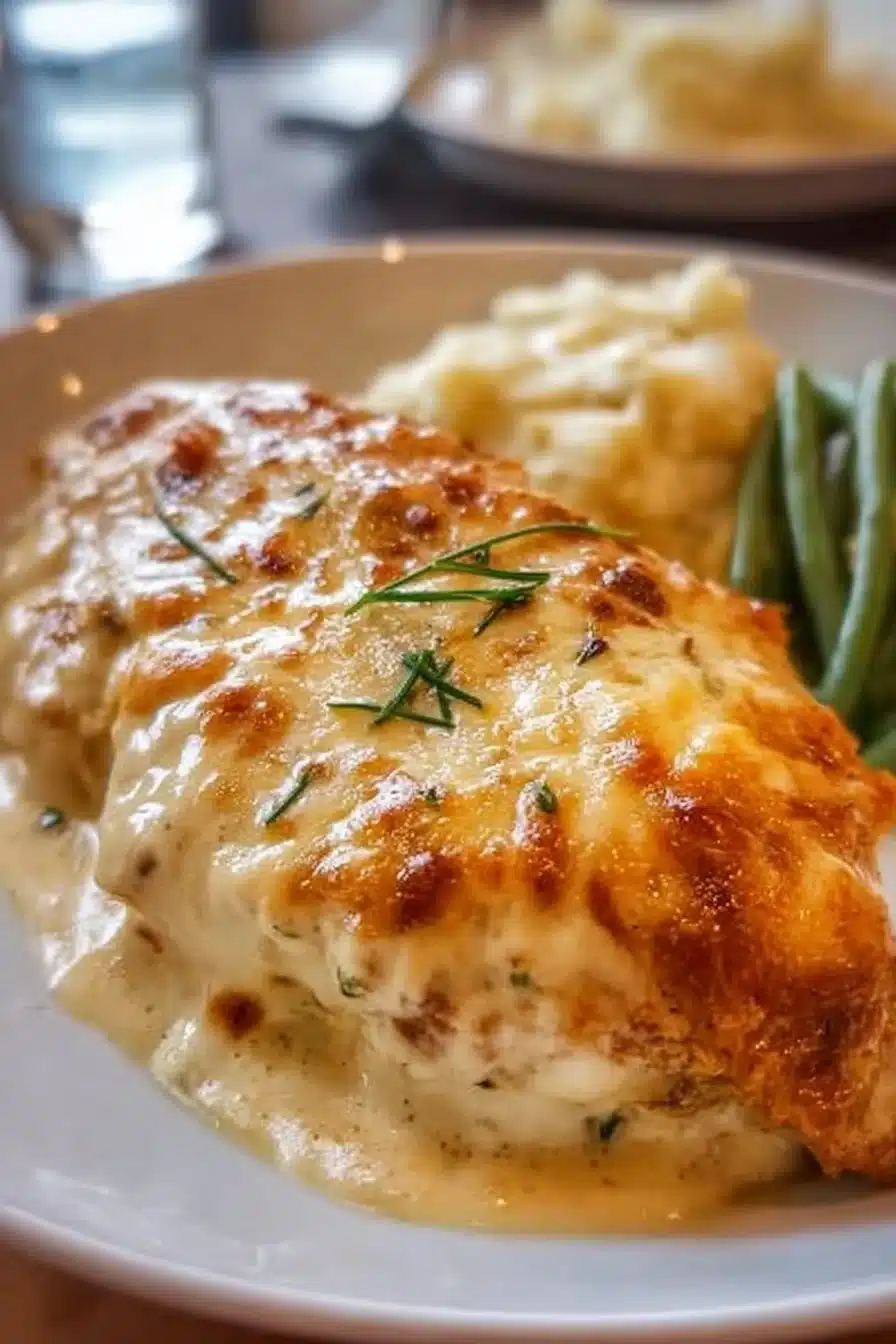 Delicious smothered sour cream chicken served on a plate with herbs.