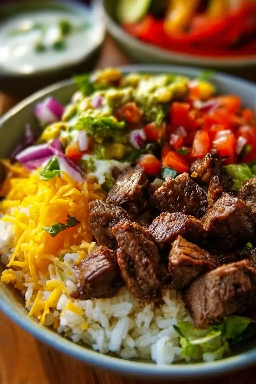 Delicious Steak Burrito Bowl with tender steak, rice, beans, and fresh ingredients.