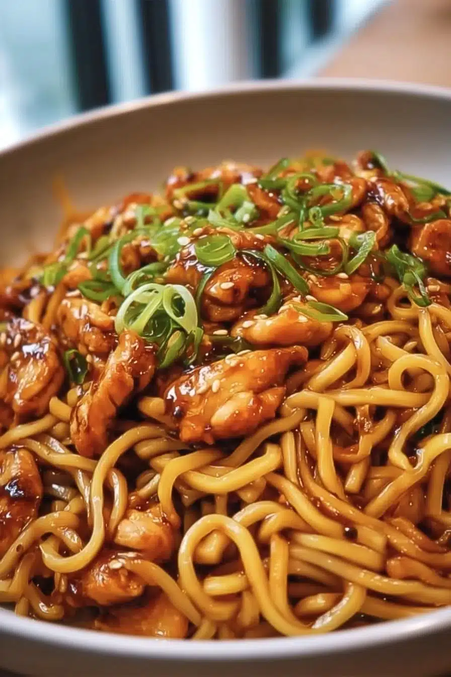 Plate of sticky garlic chicken noodles garnished with green onions and sesame seeds