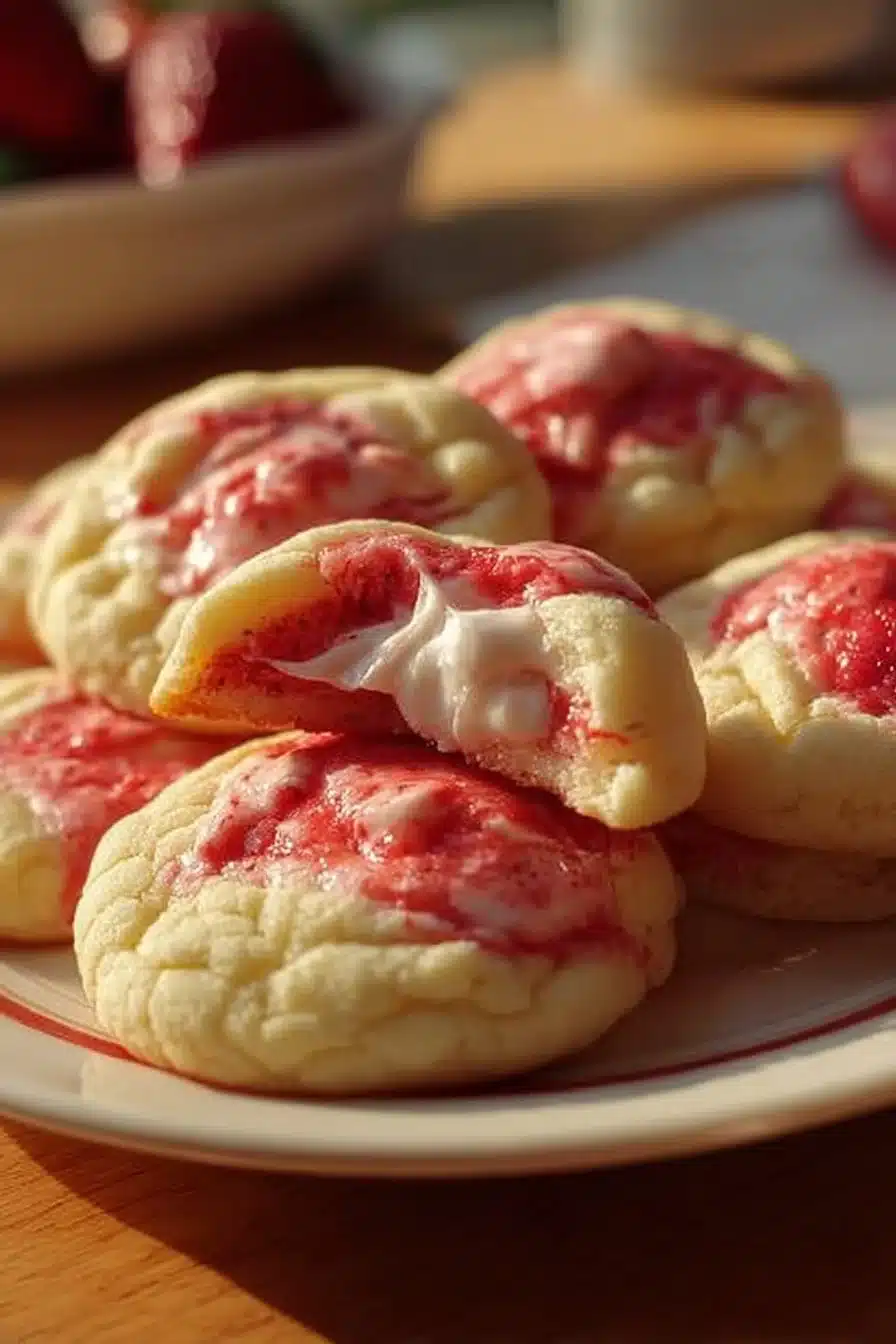 Delicious strawberry cheesecake cookies stacked on a plate