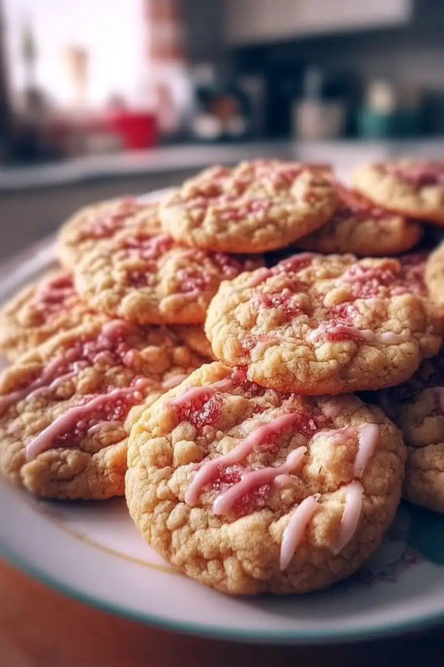Delicious Strawberry Crunch Cookies with a sweet strawberry flavor and crunchy topping