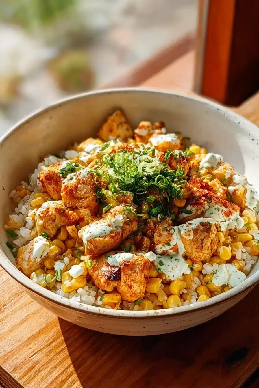 Delicious Street Corn Chicken Rice Bowl topped with fresh ingredients and spices
