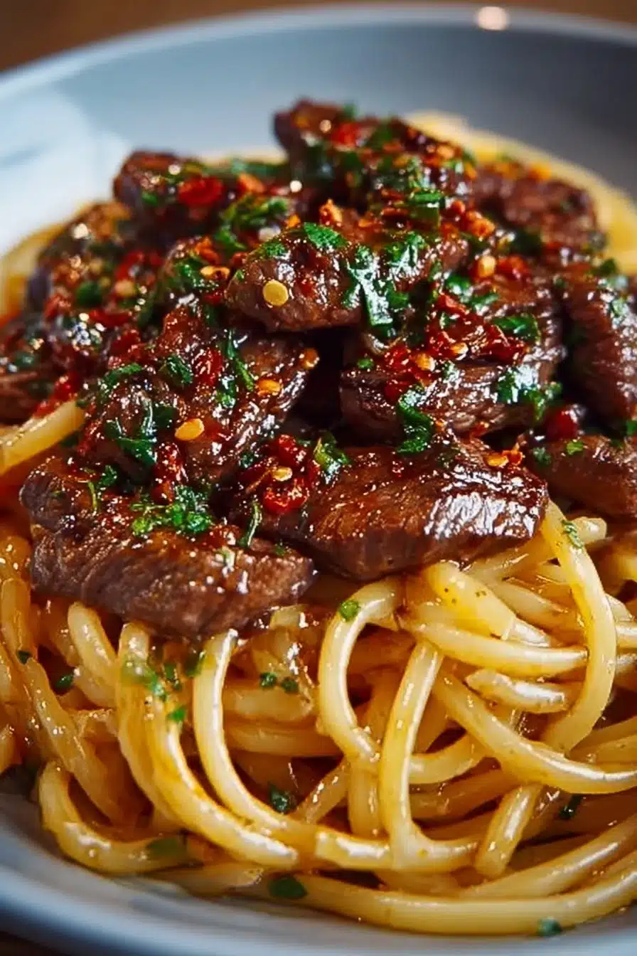 Delicious serving of Sweet & Spicy Garlic Steak Pasta with fresh ingredients
