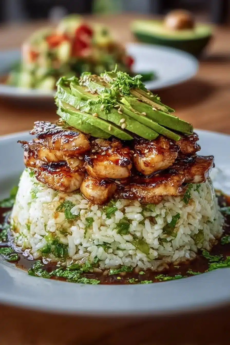 Tangy honey lime chicken and avocado rice stack dish served on a plate