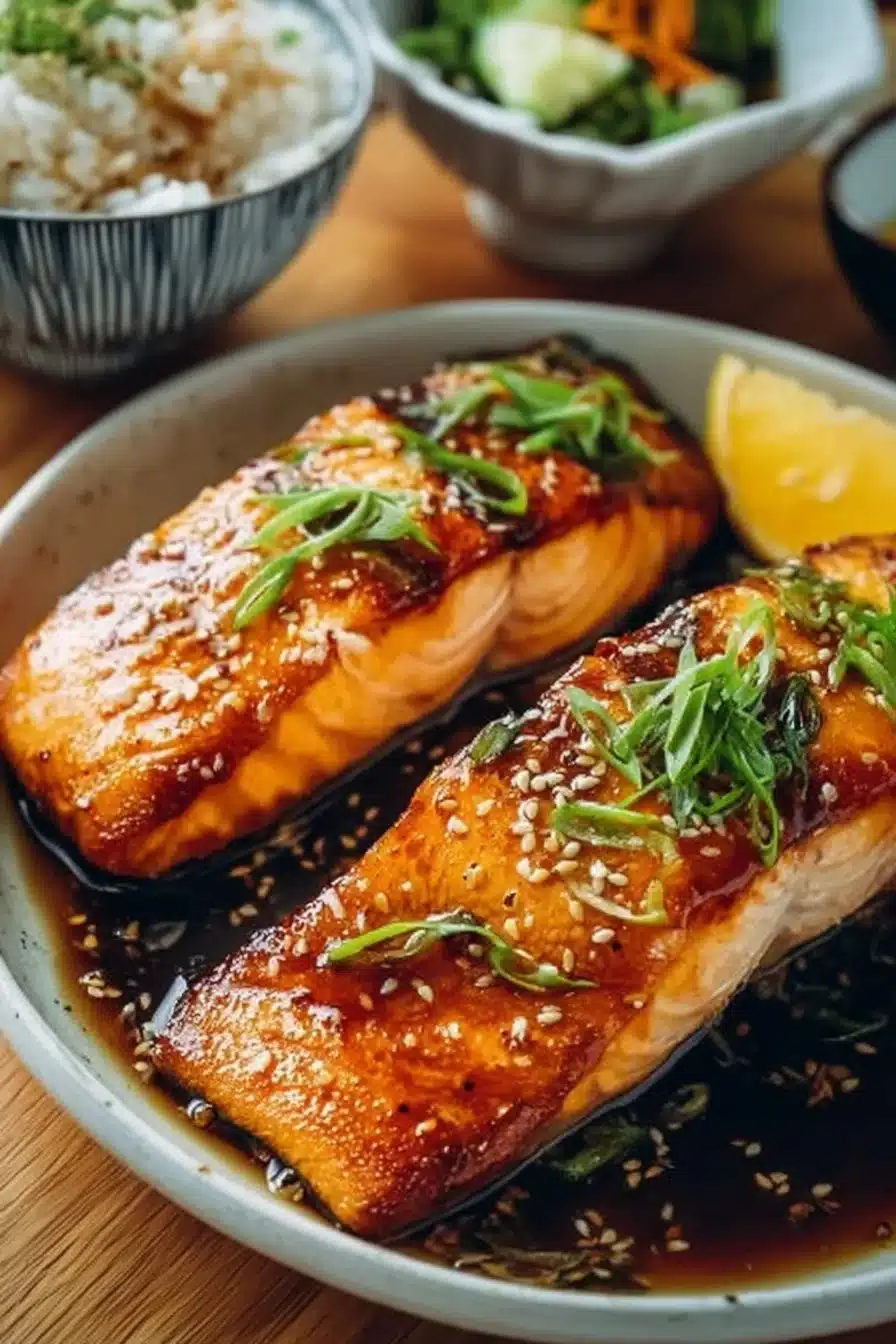 Delicious teriyaki baked salmon garnished with green onions and sesame seeds.