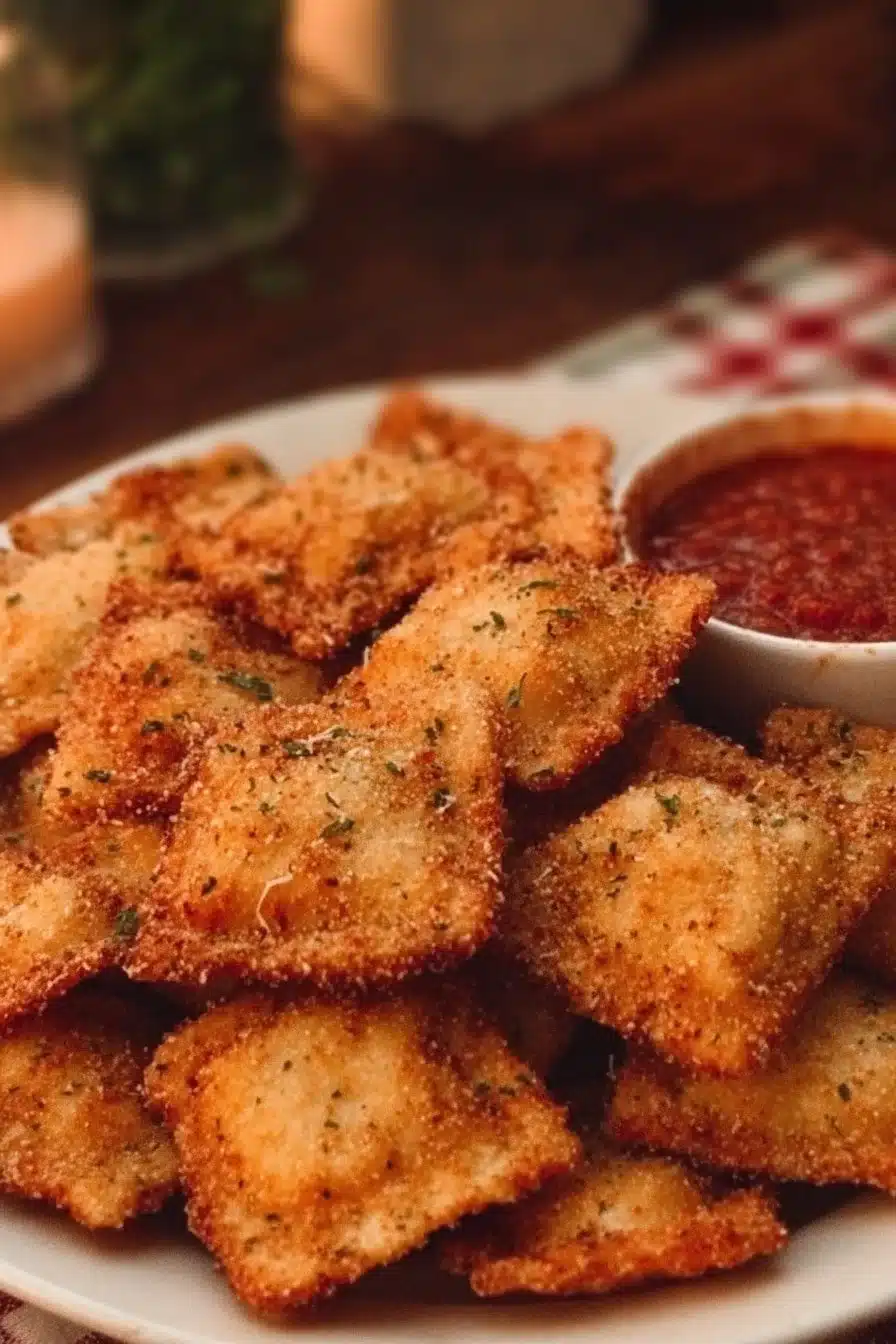 Plate of crispy toasted ravioli bites served with marinara sauce.