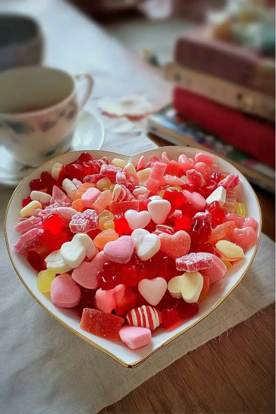 Valentine's Day candy salad with colorful treats and heart-shaped decorations