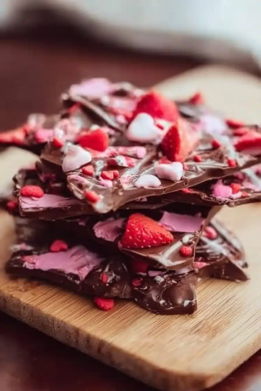 Valentine's Day chocolate bark decorated with hearts and sprinkles
