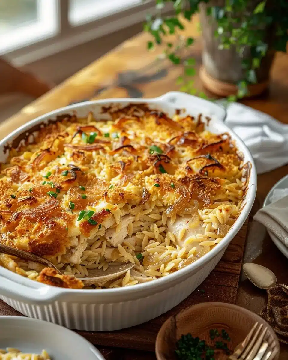 French Onion Chicken Orzo Casserole