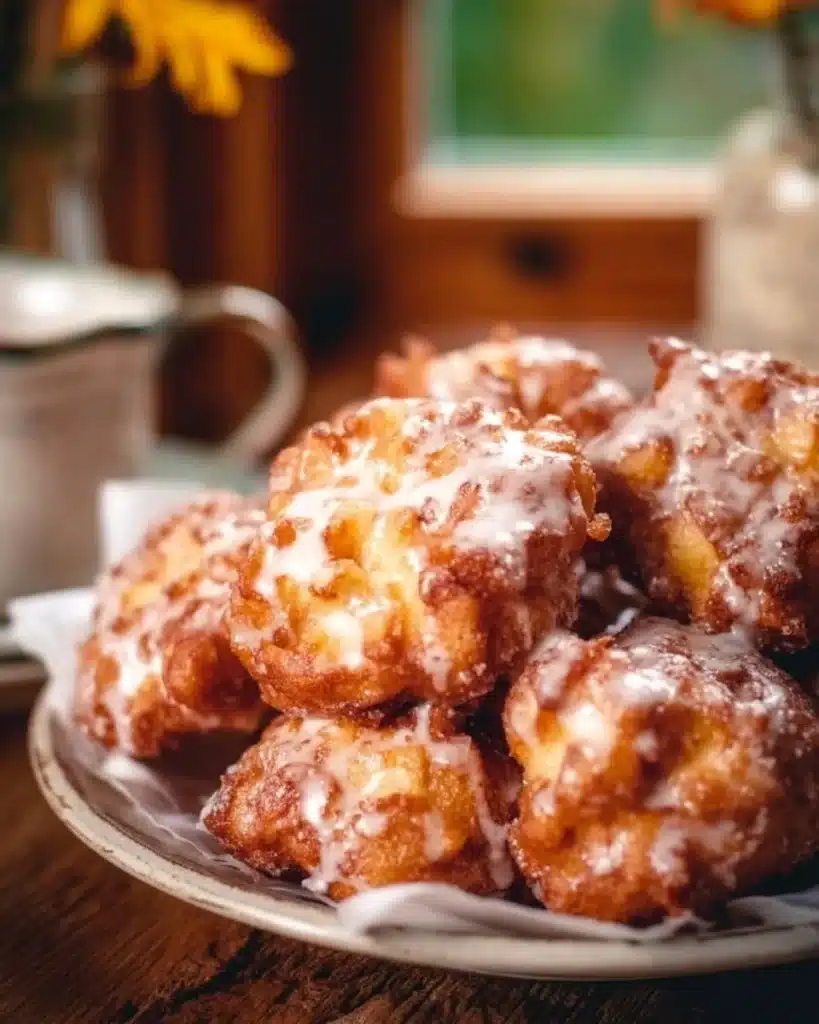 Freshly made apple fritters topped with cinnamon sugar on a plate.