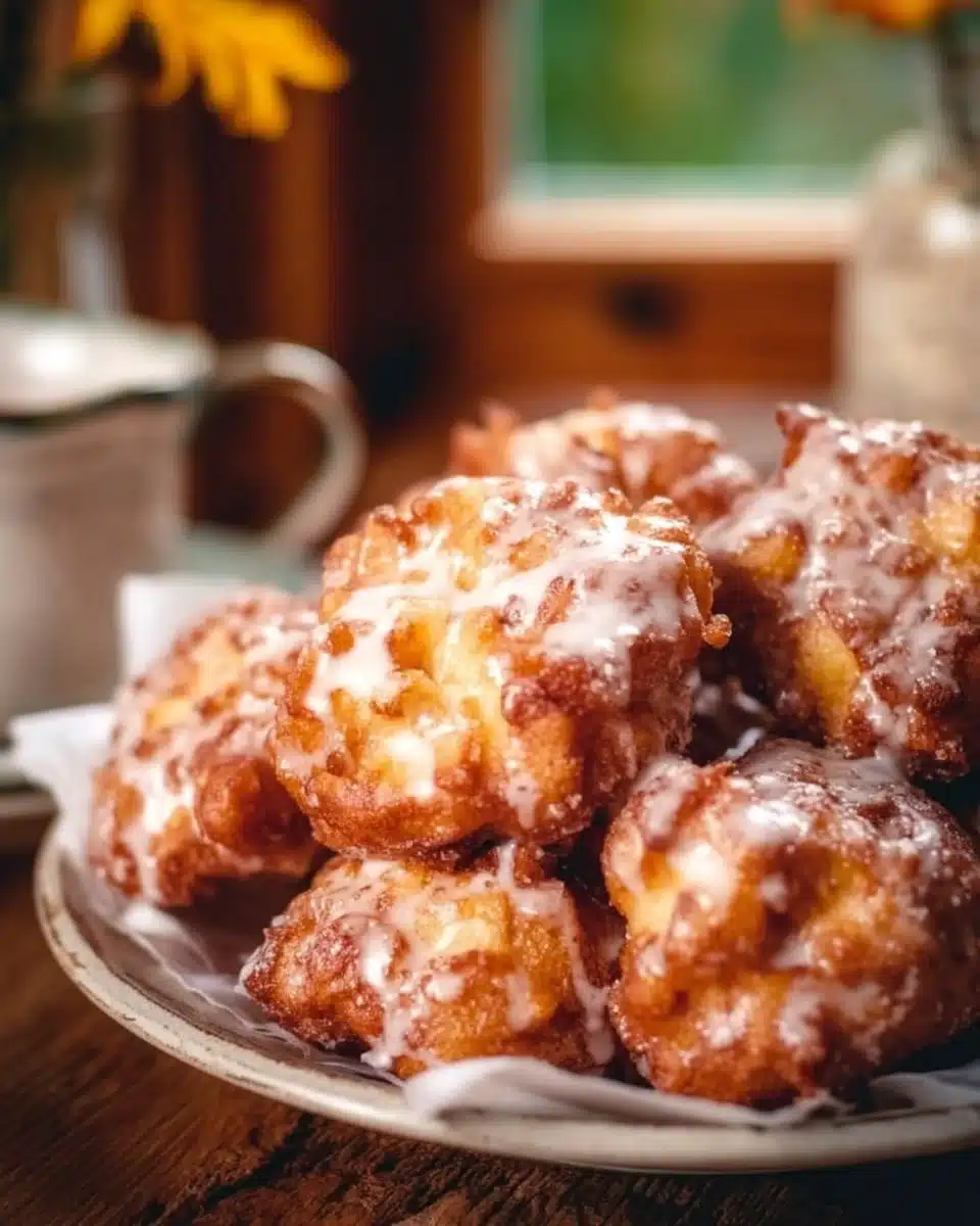 Freshly made apple fritters topped with cinnamon sugar on a plate.