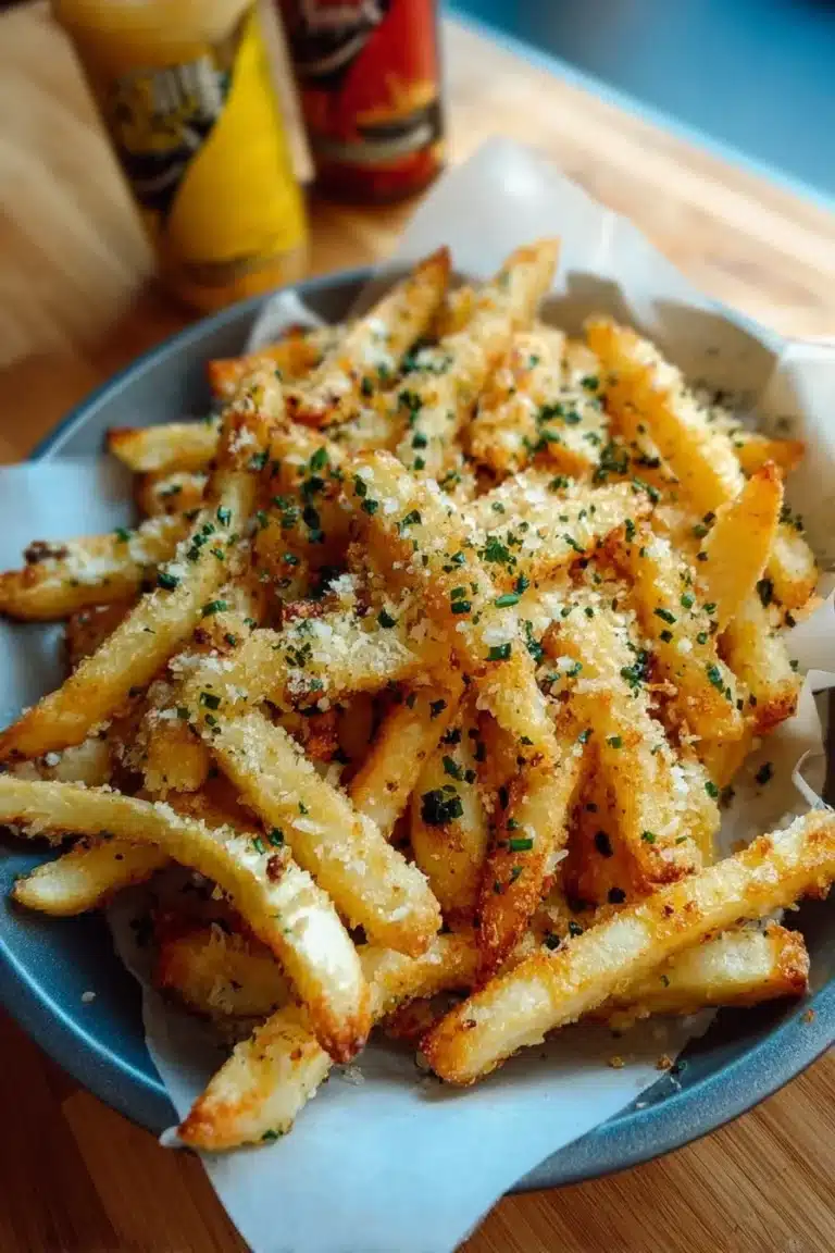 Delicious baked garlic Parmesan fries garnished with fresh herbs.