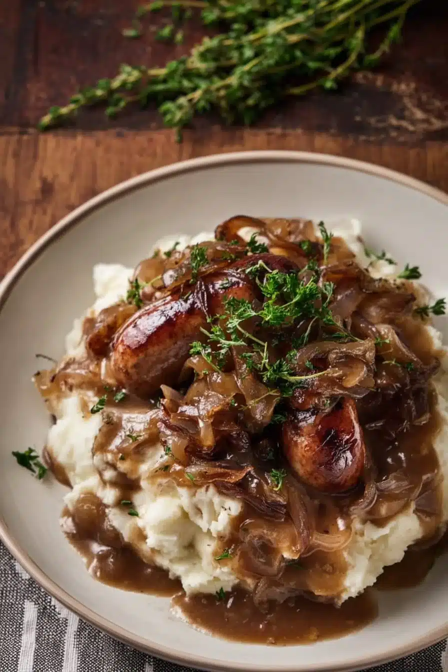 Bangers & Mash with Stout Onion Gravy