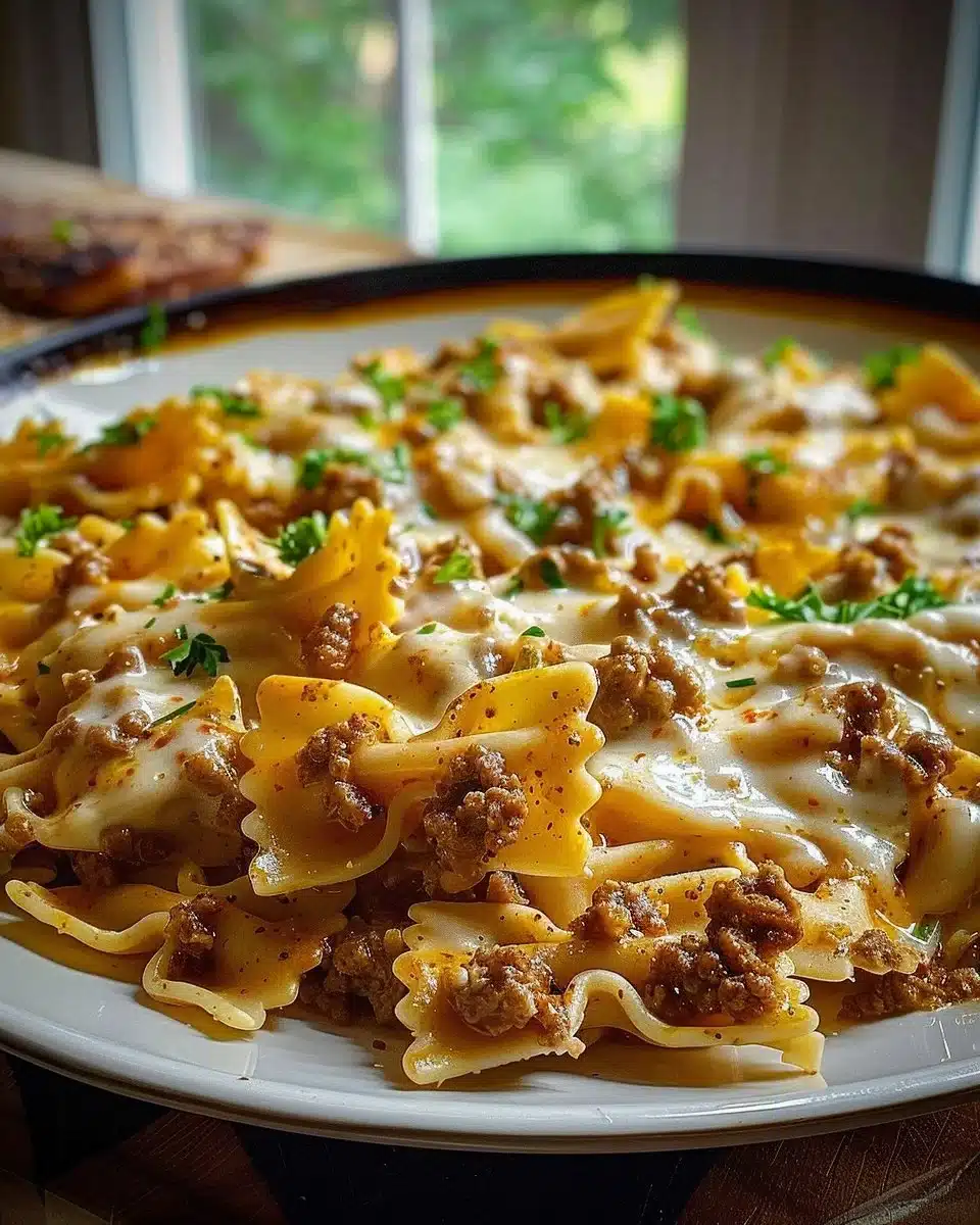 Cajun Cream Cheese Alfredo Bowties with Spiced Ground Beef