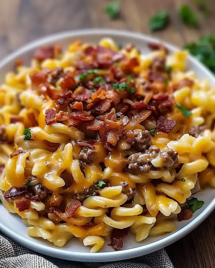 Delicious Cheeseburger Pasta Bake topped with cheese and garnished with herbs