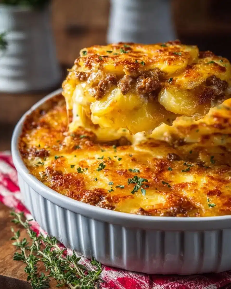 Delicious cheesy hamburger potato casserole served in a baking dish
