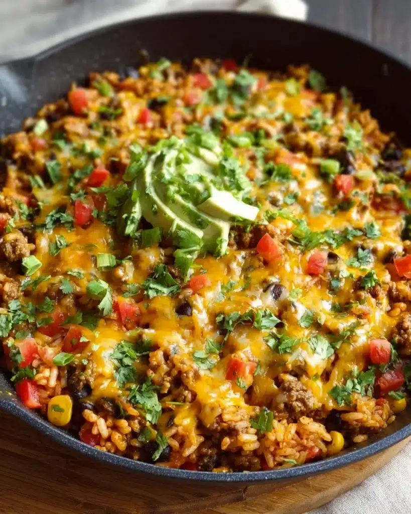 Cheesy taco rice skillet topped with cheese and herbs in a skillet dish.