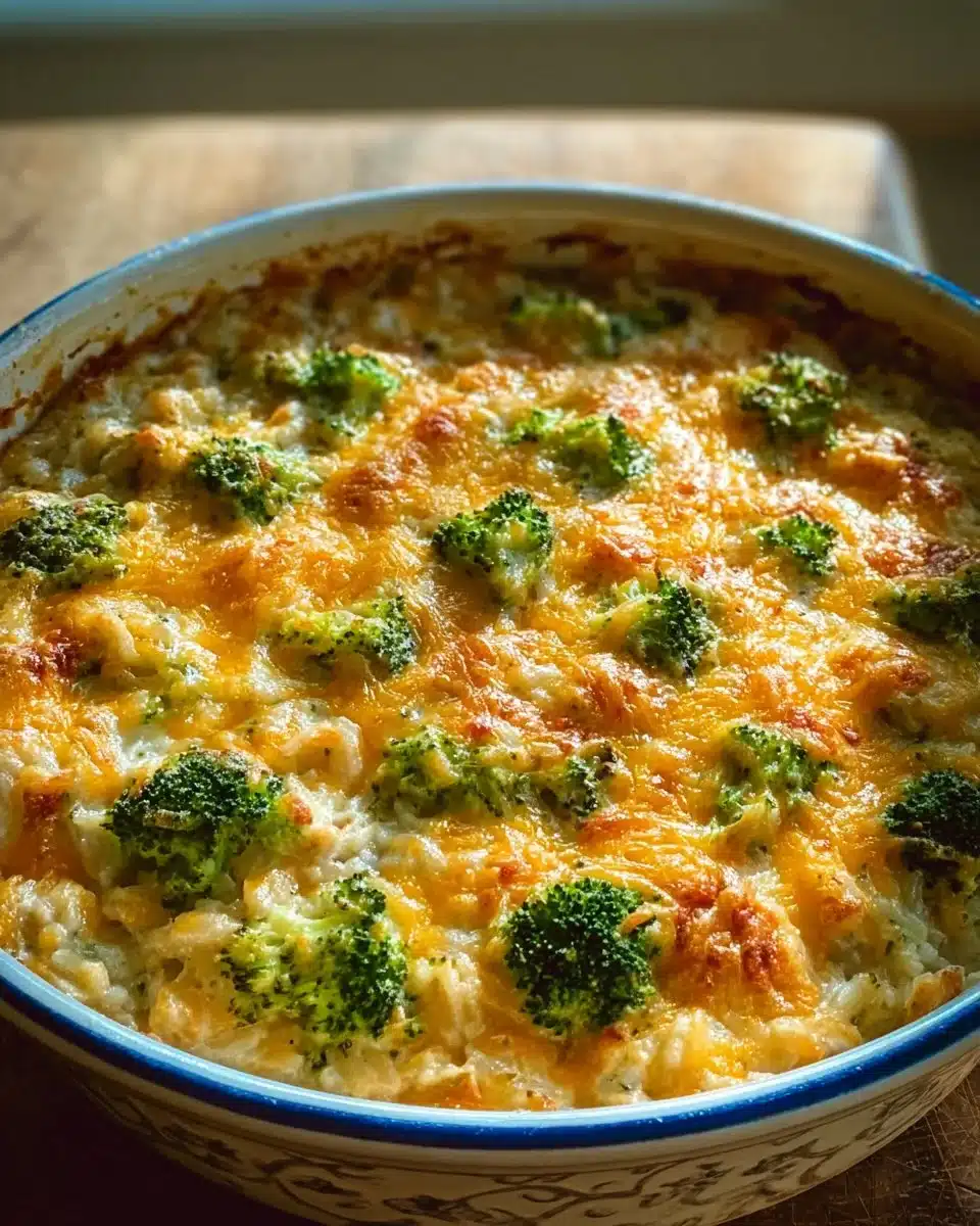 Delicious Chicken Broccoli Rice Cheese Casserole served in a baking dish