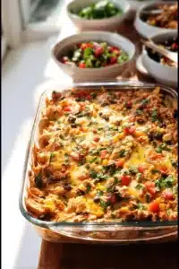 Delicious Chicken Burrito Casserole served in a pan, topped with cheese and fresh cilantro