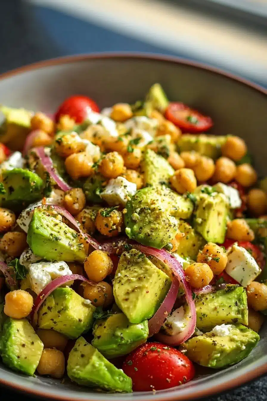 Chickpea Feta Avocado Salad with vibrant fresh ingredients in a bowl