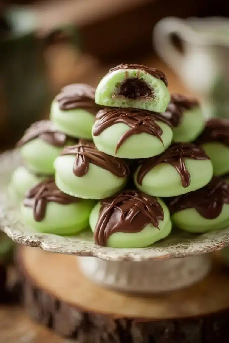Chocolate mint cream cheese buttons topped with mint leaves on a plate