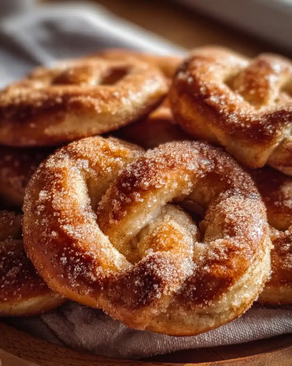 Freshly baked cinnamon sugar soft pretzels with a golden brown crust