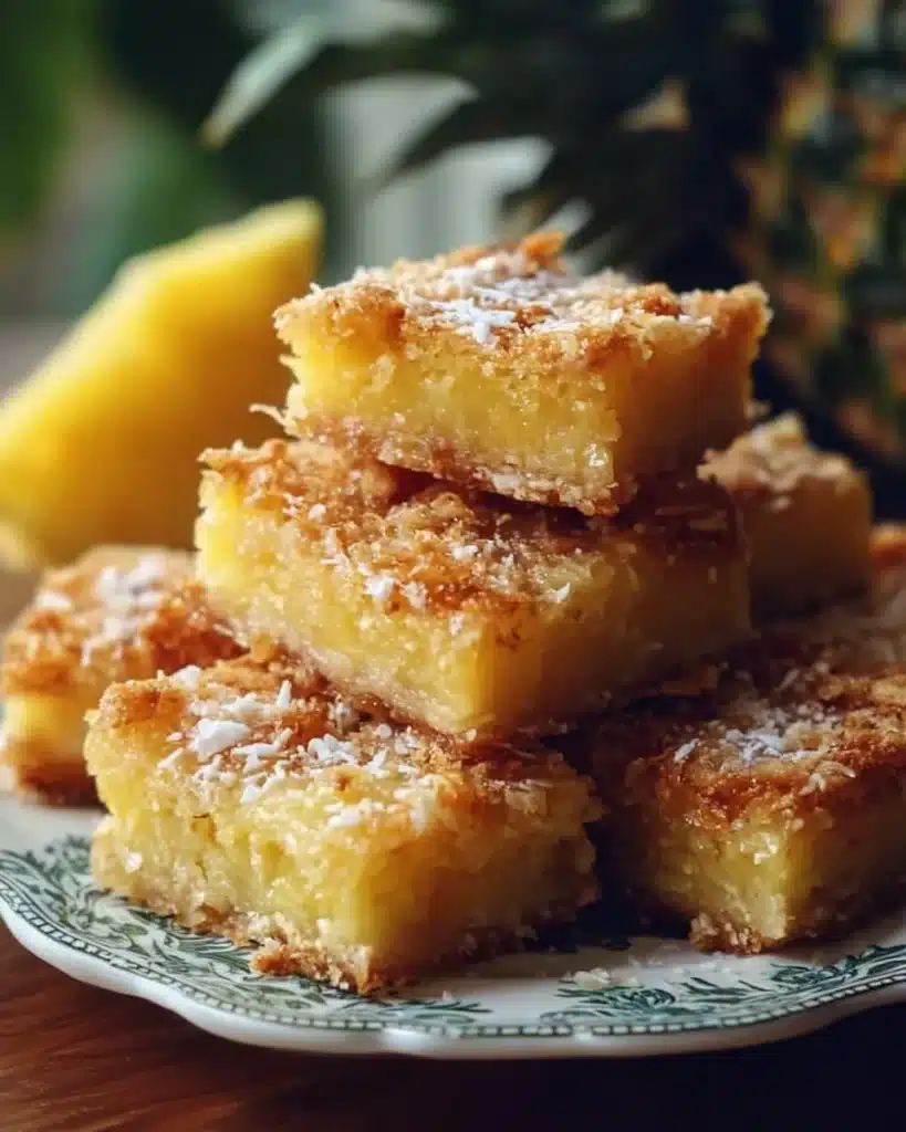 Deliciously baked Coconut Pineapple Bars on a rustic wooden table