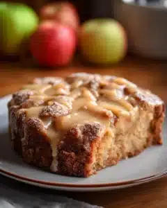 Deliciously moist Apple Dapple Cake topped with walnuts and drizzled with caramel.