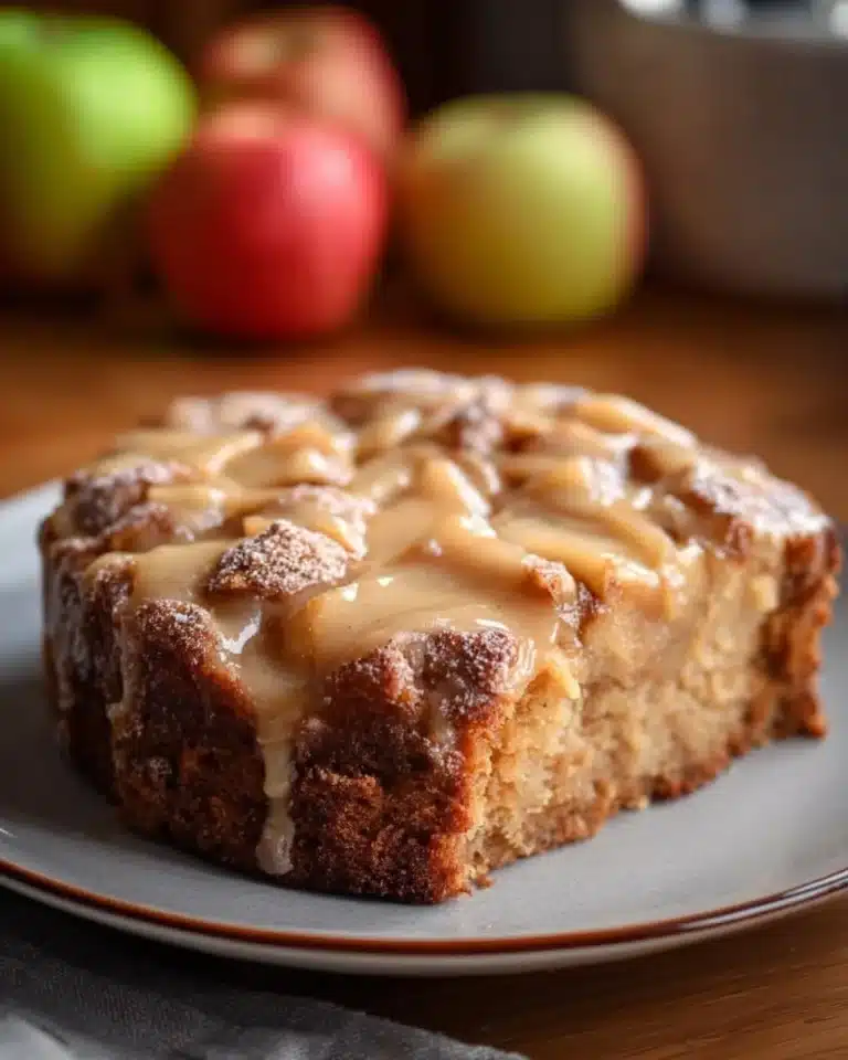 Deliciously moist Apple Dapple Cake topped with walnuts and drizzled with caramel.