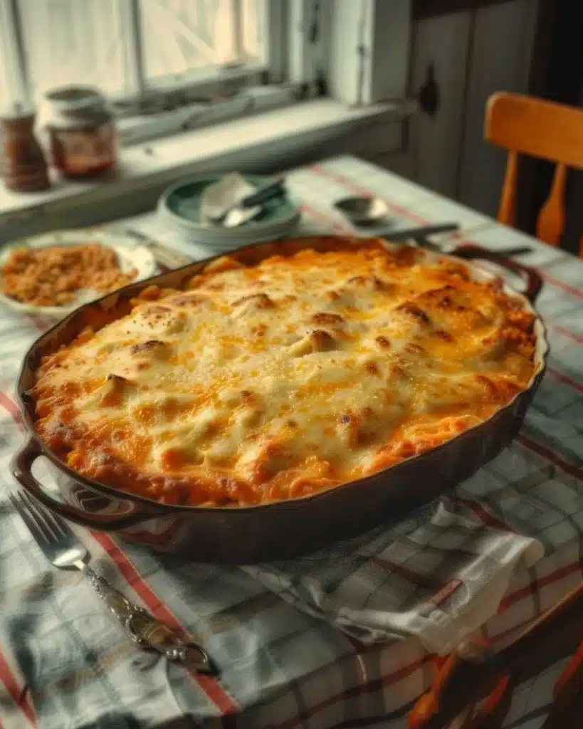 Delicious cozy beef casserole served in a rustic dish