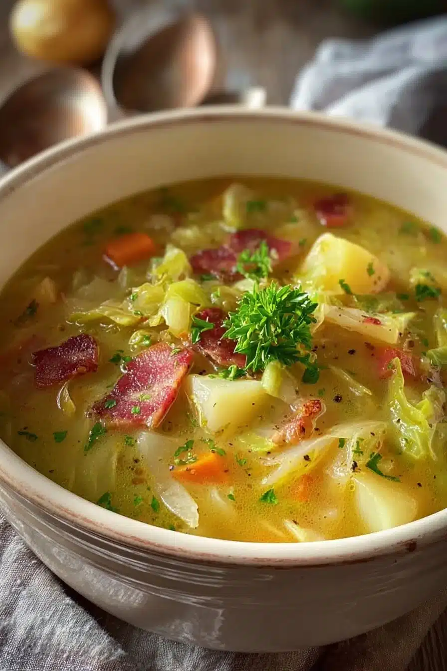 Bowl of cozy cabbage and potato soup garnished with herbs