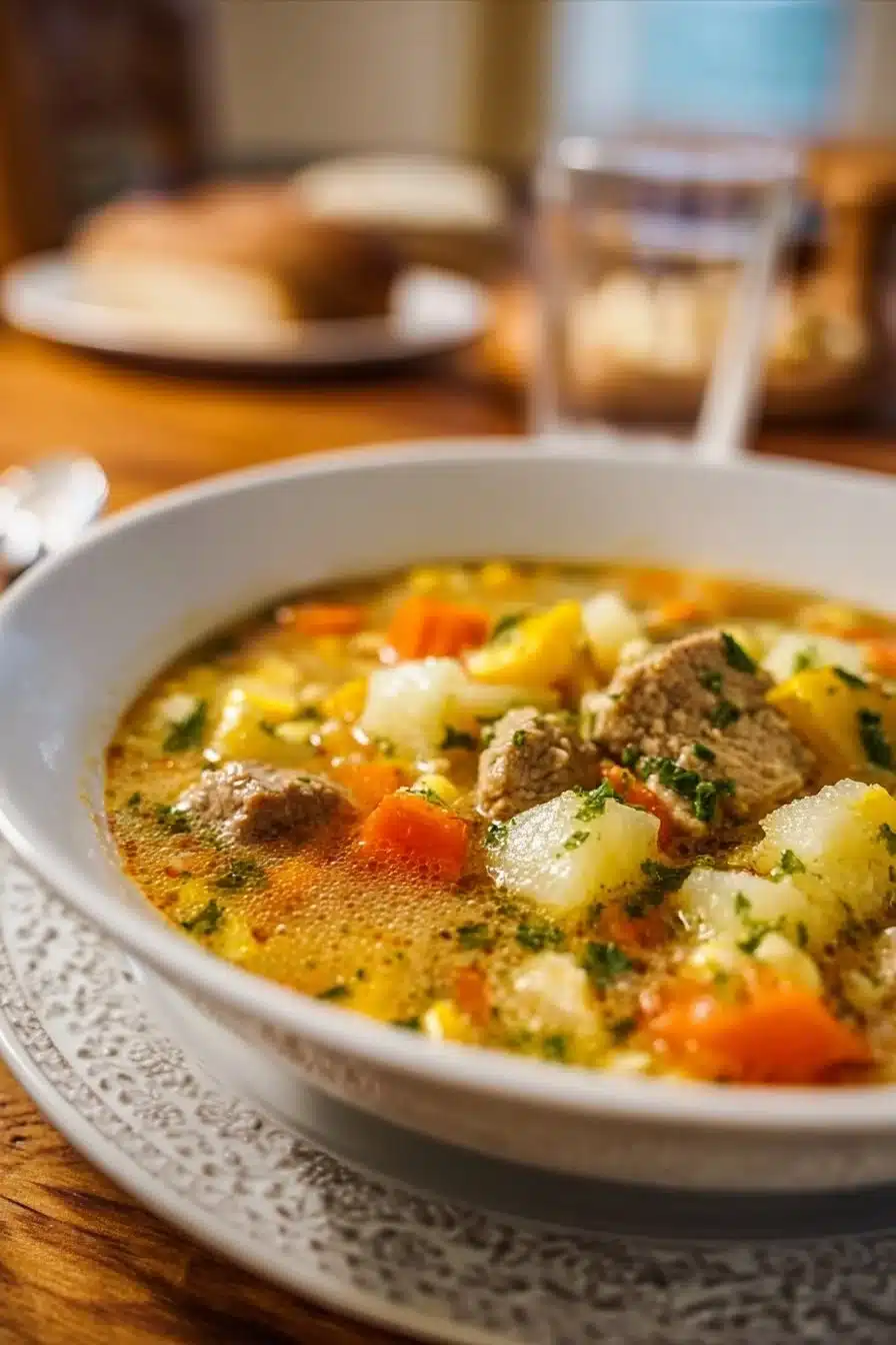 Delicious cozy beef soup simmering in a pot on a snowy day.