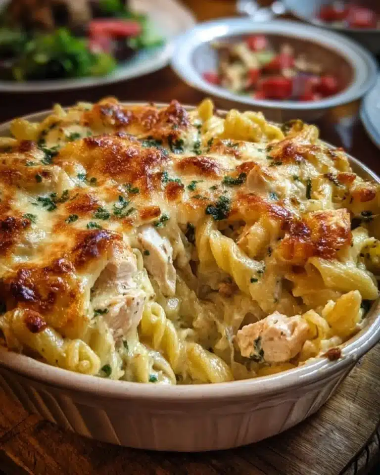 Creamy Chicken Pasta Casserole with herbs and cheese in a baking dish