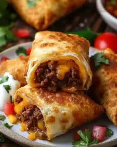 Crispy beef chimichangas served with salsa and garnish