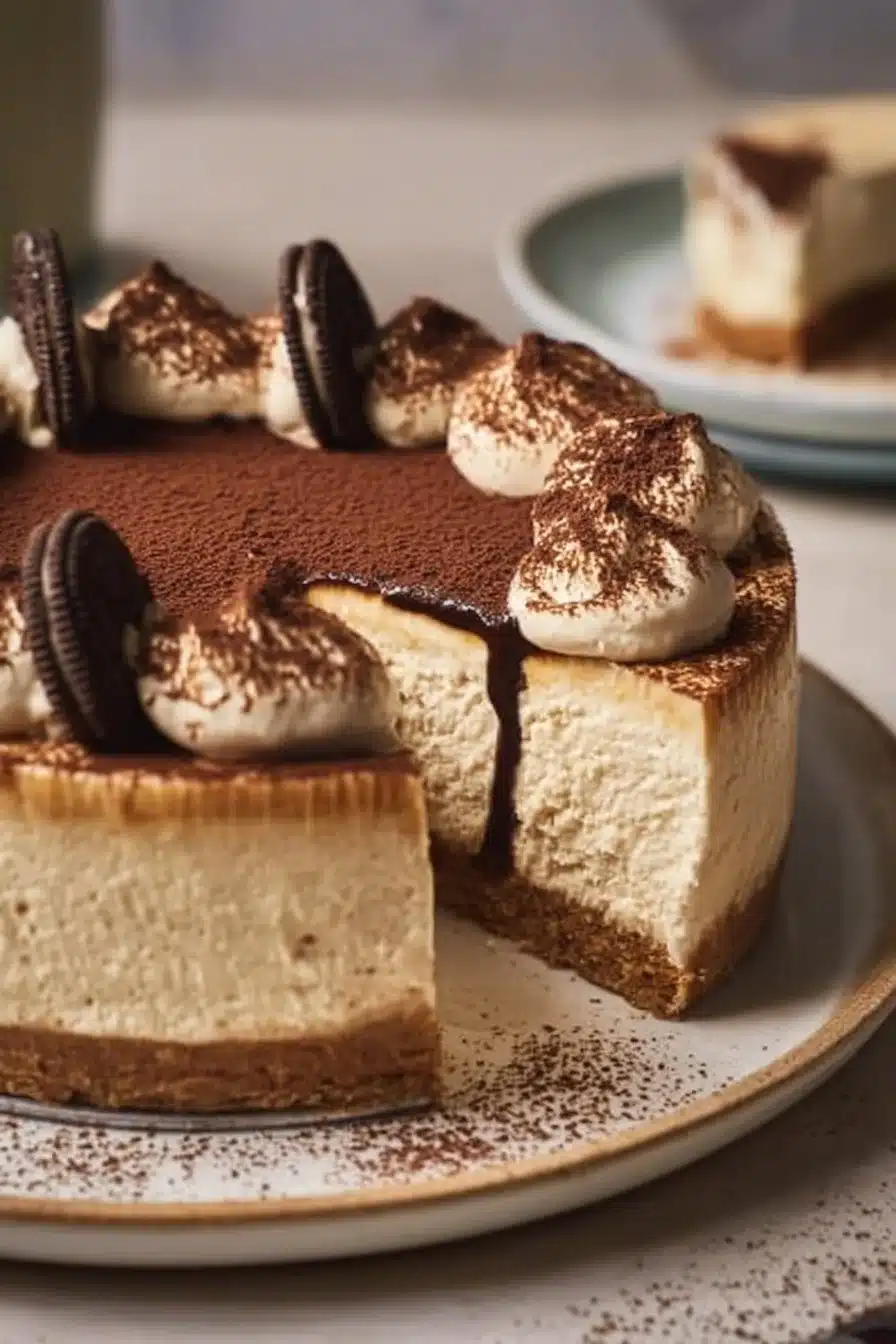 Delightful cold brew coffee cheesecake topped with whipped cream and cocoa