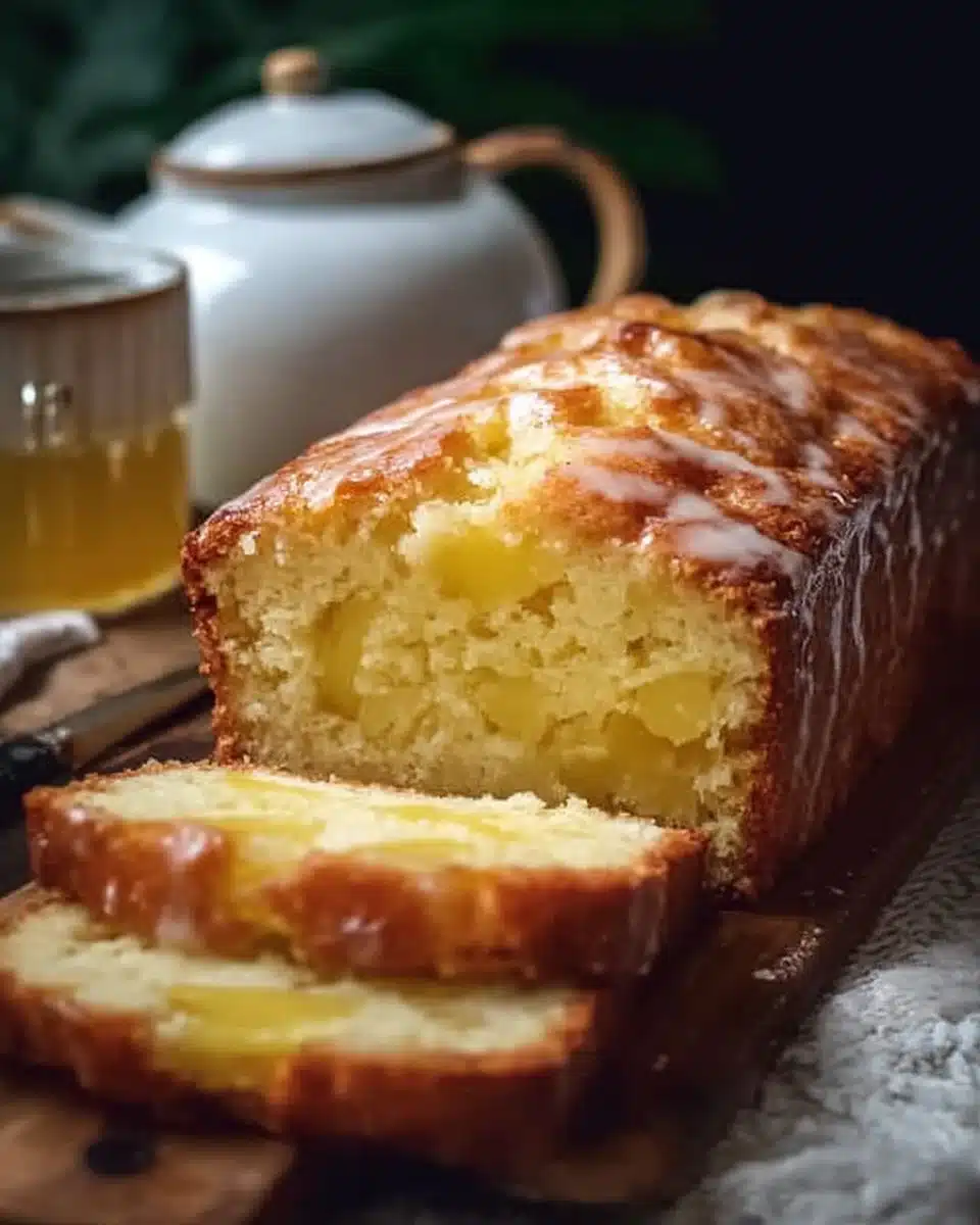 Freshly baked pineapple quick bread served on a plate with pineapple slices.