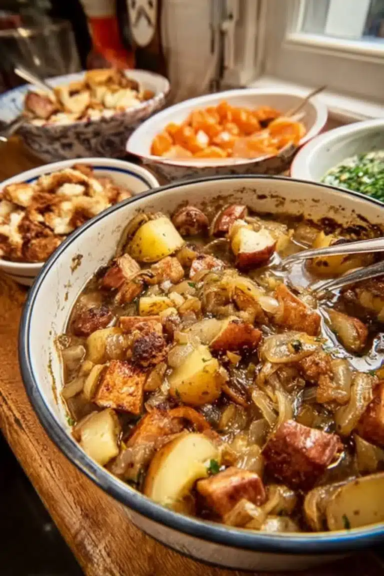 Bowl of Dublin Coddle with sausages, bacon, and potatoes