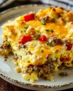 Easy breakfast casserole baked and served on a platter