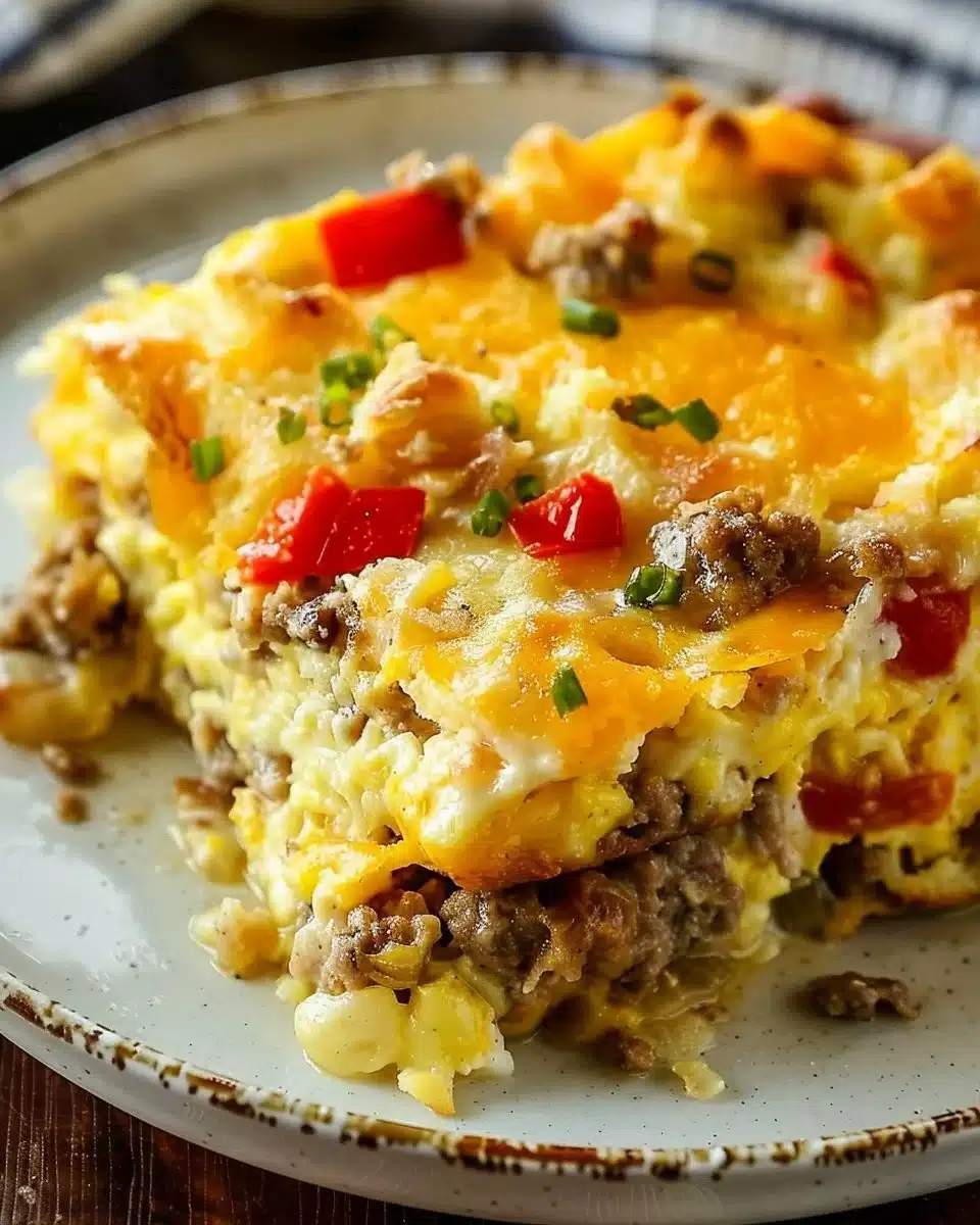 Easy breakfast casserole baked and served on a platter