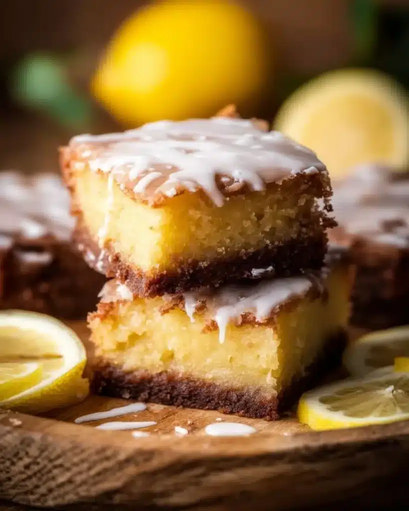 Easy lemon brownies fresh out of the oven with a zesty lemon glaze