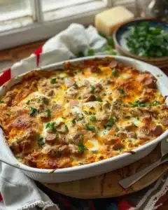 Easy Whole30 Breakfast Casserole with vegetables and herbs in a baking dish