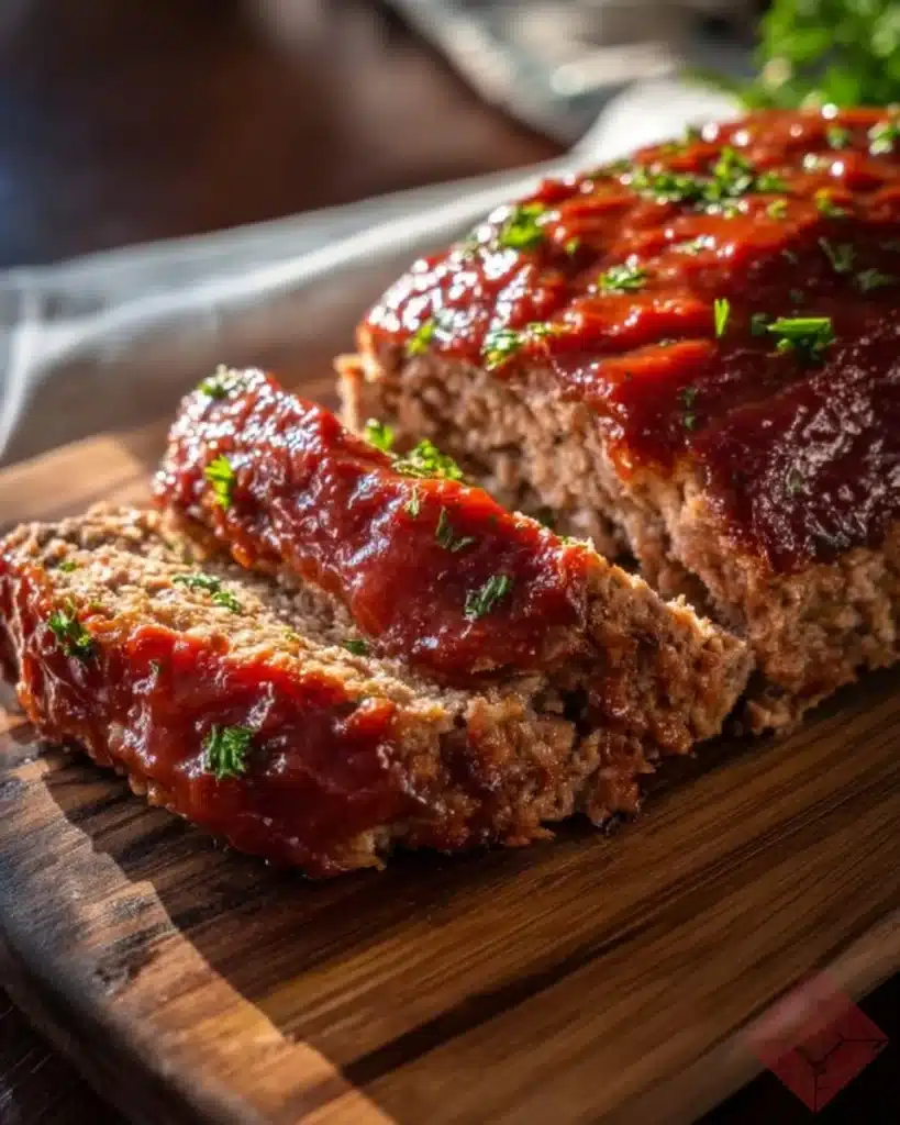 Delicious family-friendly classic meatloaf on a plate with vegetables