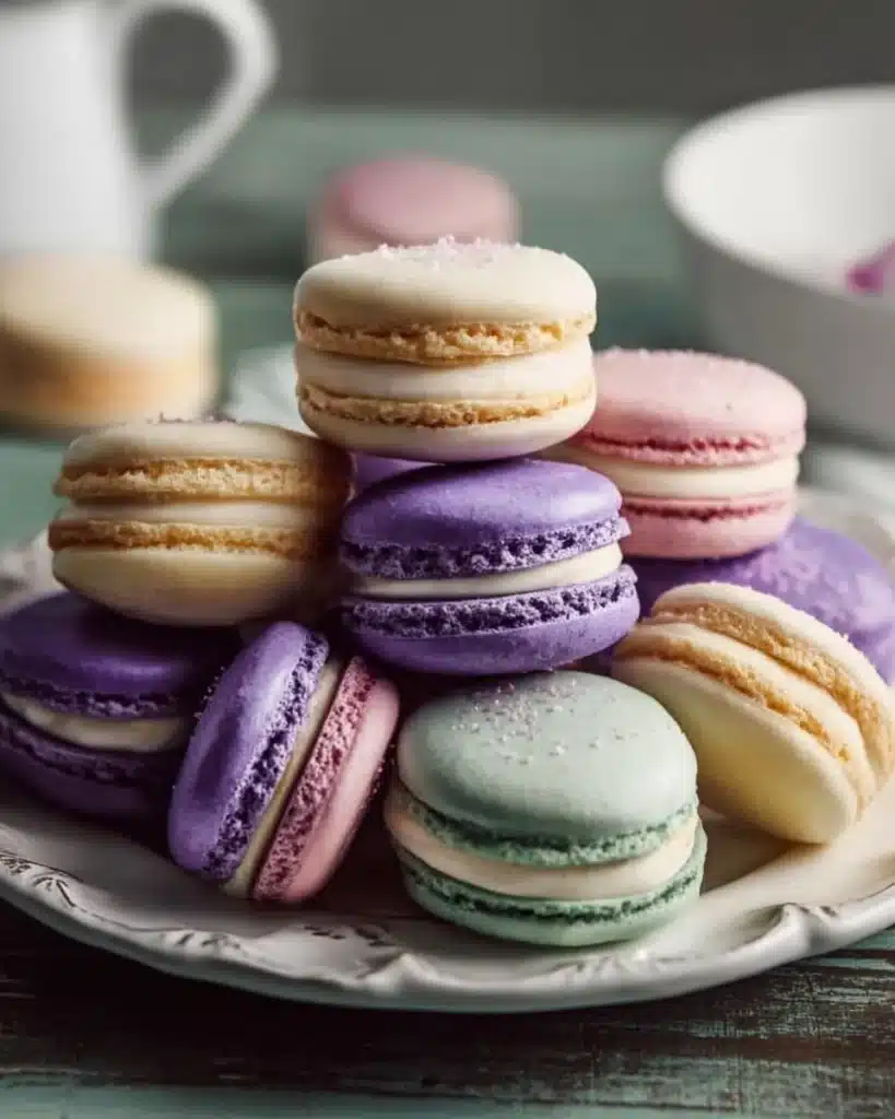 Homemade French macarons on a decorative platter