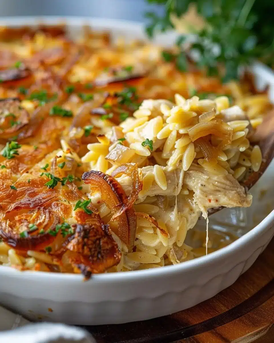 French Onion Chicken Orzo Casserole