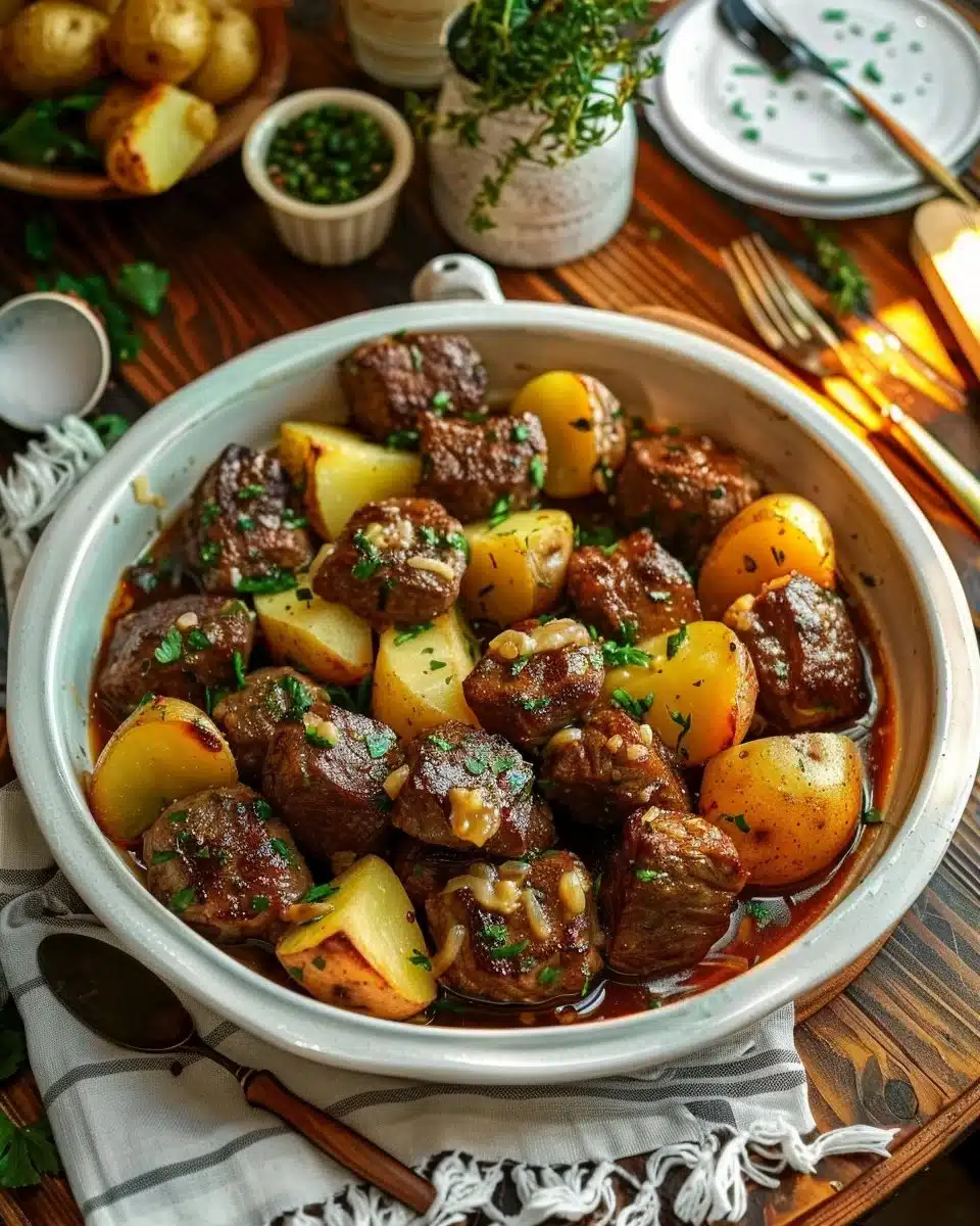 Delicious Garlic Butter Beef Bites served with seasoned potatoes