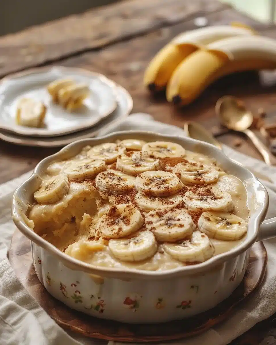 Delicious golden banana pudding served in a glass bowl.