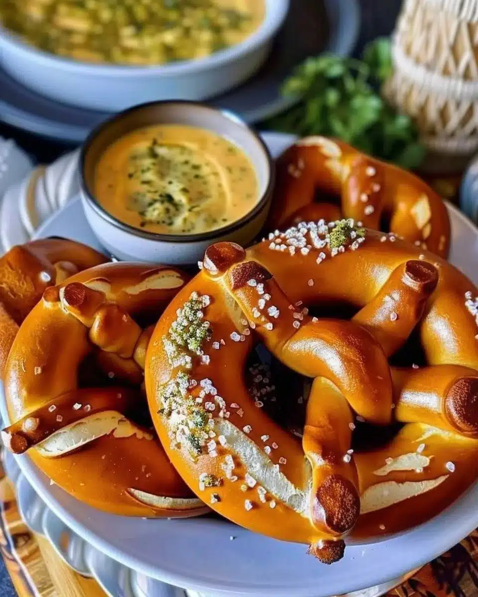 Homemade Soft Buttery Pretzels with Salsa Verde Cheese Dipping Sauce