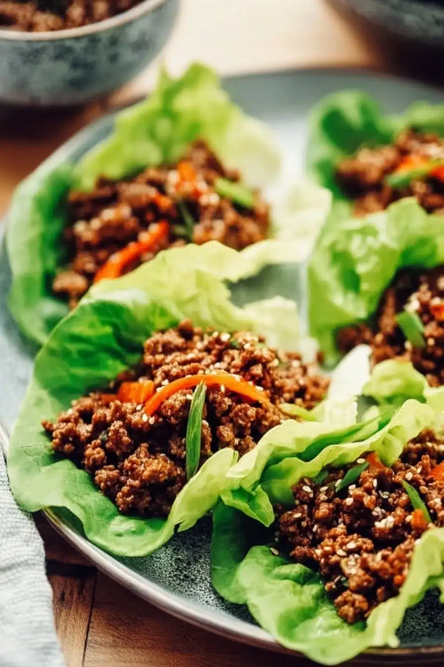 Ground beef lettuce wraps with colorful vegetables in a fresh lettuce leaf